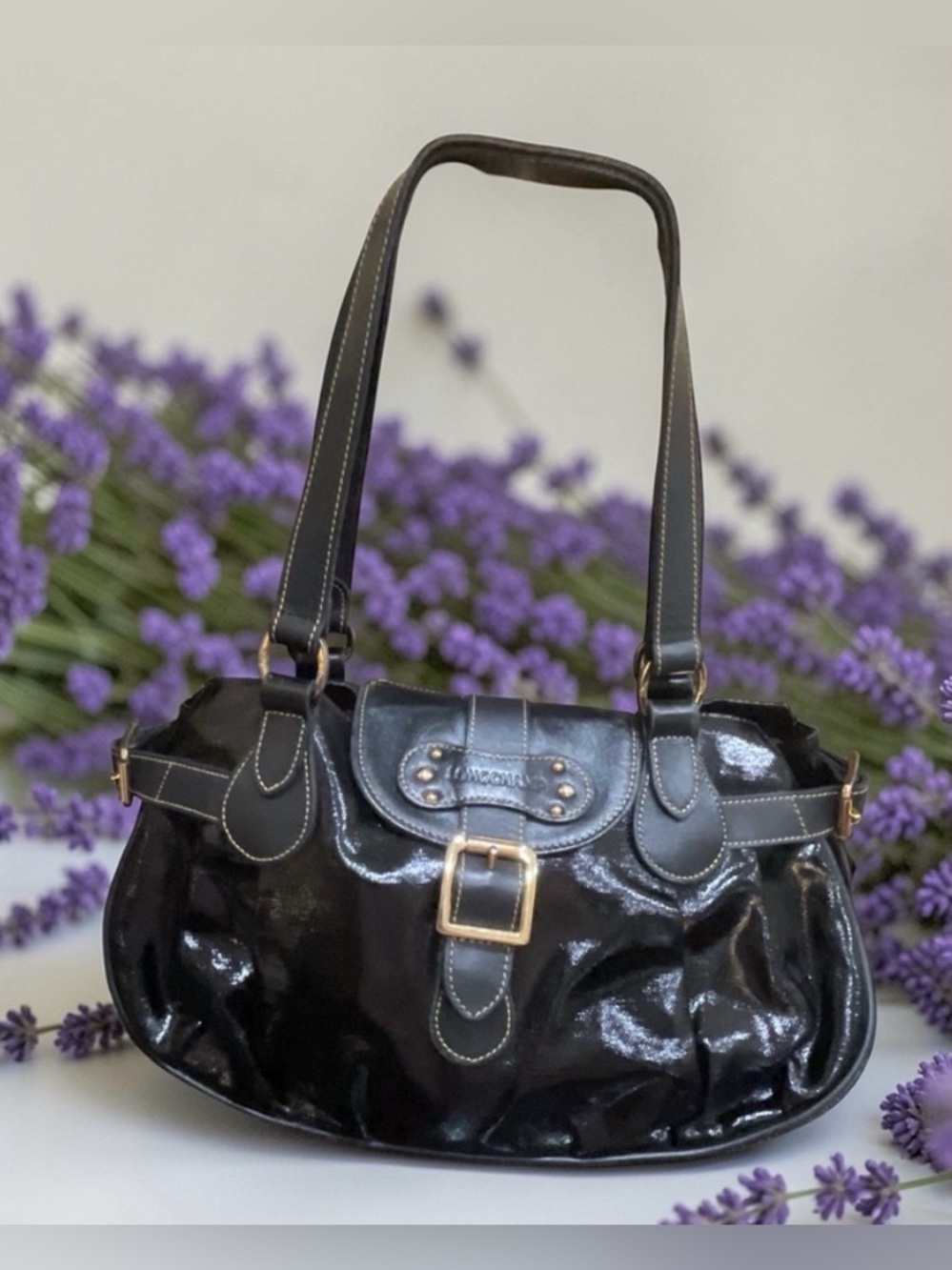 Black Longchamp Idole Patent Leather Shoulder Bag w/gold-tone hardware MSRP $300